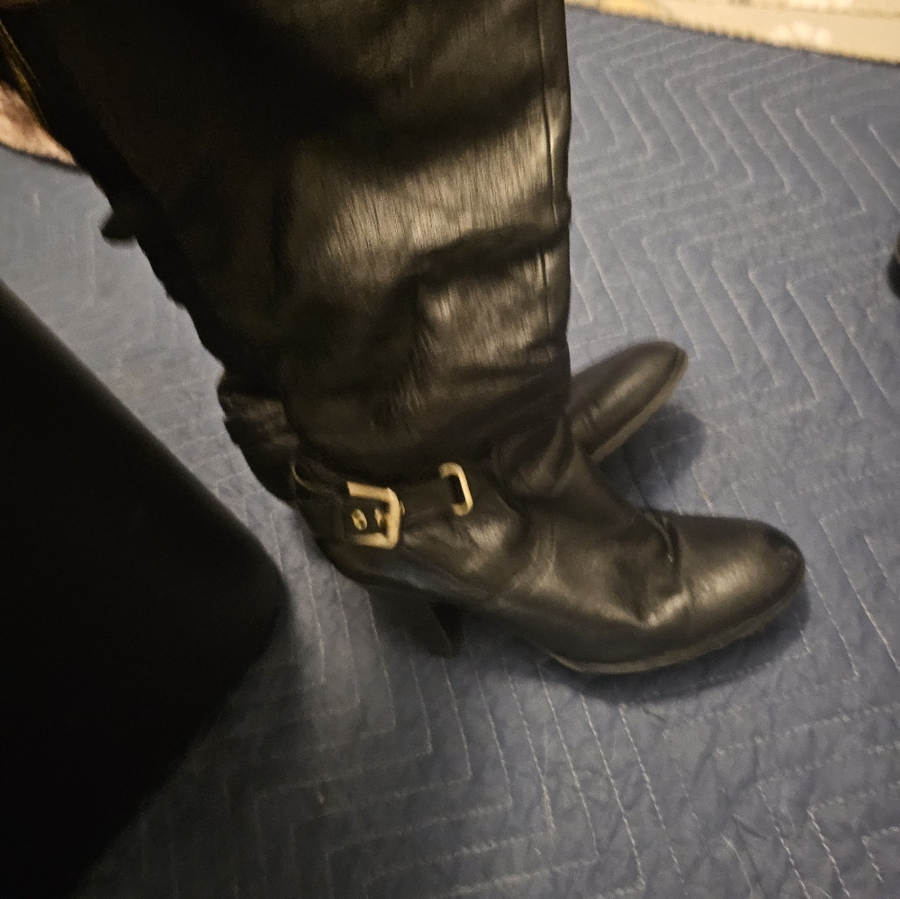 Guess Black Leather Knee High Boots with Black Belt and Gold Buckle